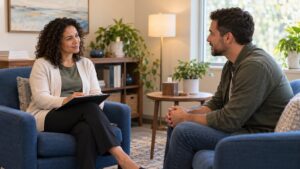 Two people talking during an addiction treatment assessment